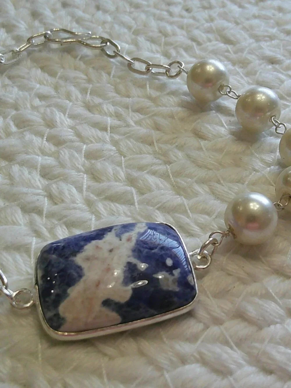 Feminine SODALITE and PEARL Handmade Sterling 925 Bracelet #108F